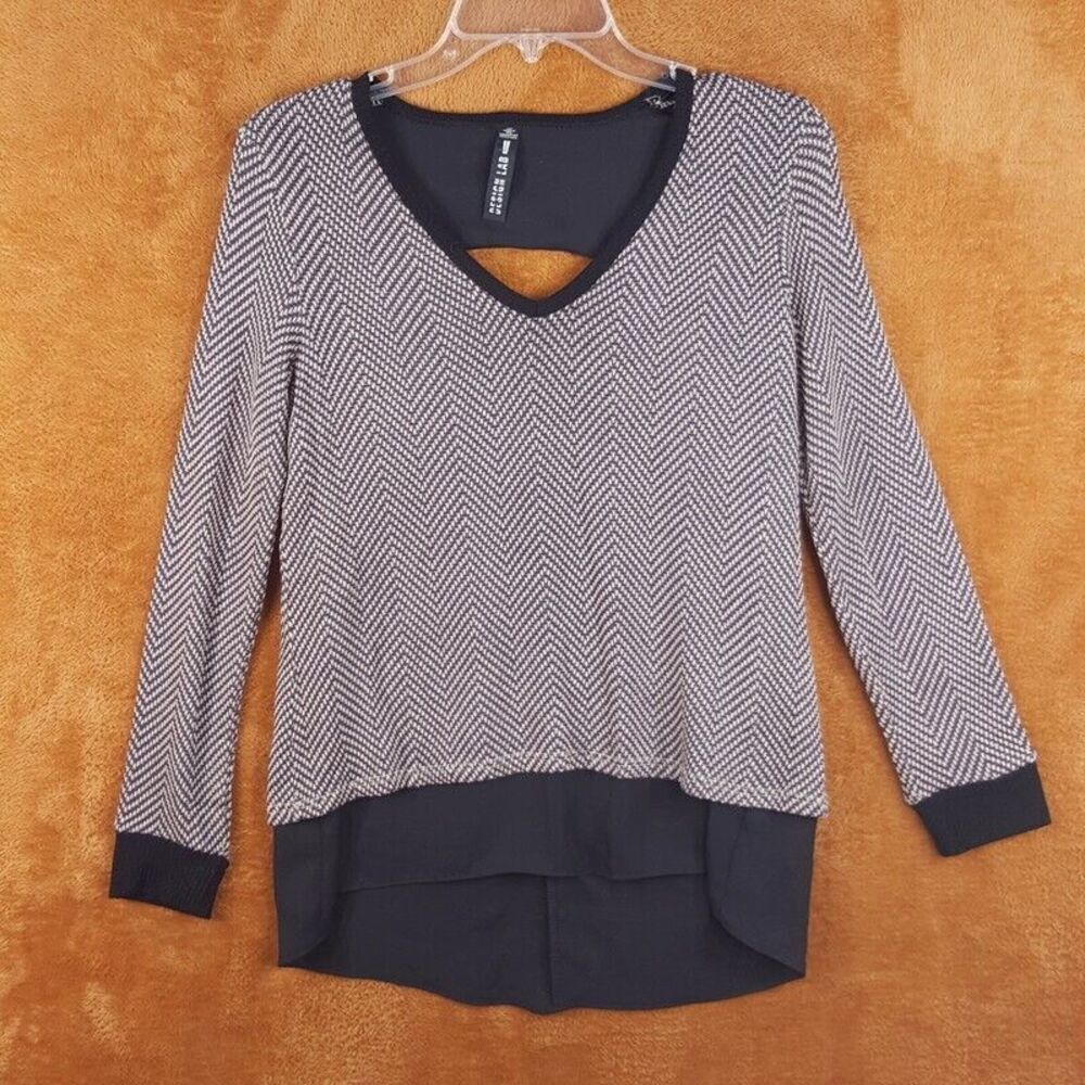 DESIGN LAB Womens Top Small Brown Pullover Chevron Knit Cut Out Layered Hem